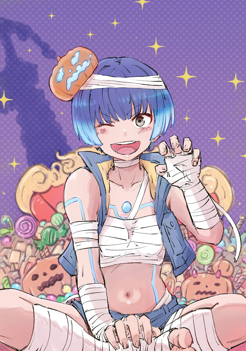 absurdres bandages blue_hair blue_jacket blue_shorts body_markings brown_eyes chest_sarashi claw_pose collarbone commentary cropped_jacket english_commentary female glowing_lines highres jack-o'-lantern jacket navel nemimin one_eye_closed open_clothes open_jacket open_mouth purple_background sarashi sena_(xenoblade) short_hair shorts sitting sleeveless sleeveless_jacket solo sparkle teeth upper_teeth_only xenoblade_chronicles_(series) xenoblade_chronicles_3