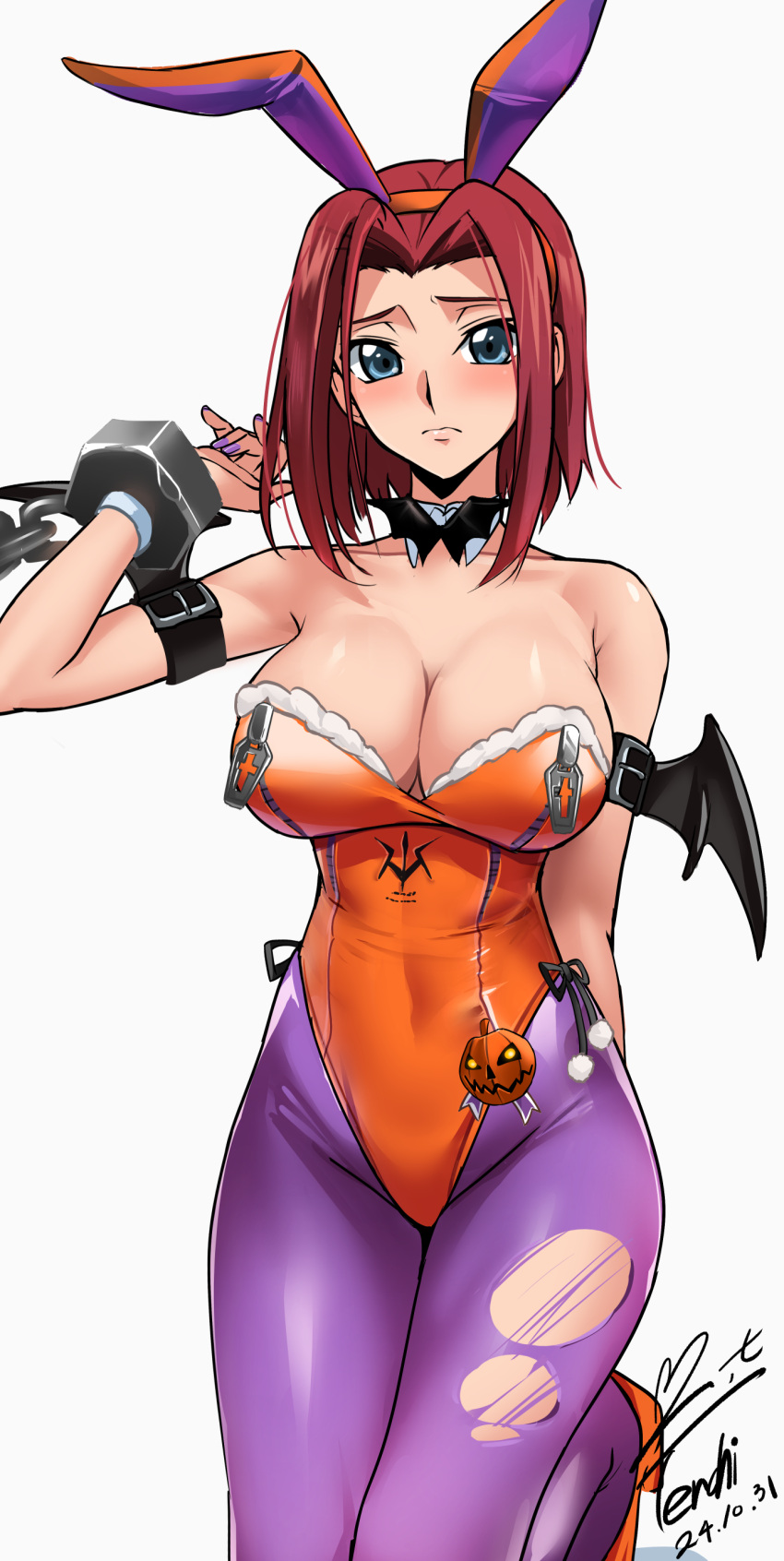 absurdres animal_ears armband blue_eyes bob_cut bow bowtie breasts cleavage code_geass code_geass:_genesic_re;code cowboy_shot dated detached_collar fake_animal_ears female highleg highleg_leotard highres jack-o'-lantern_ornament kouzuki_kallen large_breasts leotard looking_at_viewer orange_footwear orange_leotard pantyhose playboy_bunny purple_pantyhose rabbit_ears rabbit_tail red_hair short_hair signature solo strapless strapless_leotard tail torn_clothes torn_pantyhose wrist_cuffs yoo_tenchi