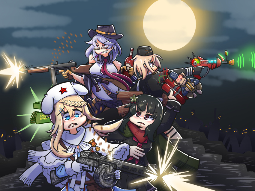 4girls aiguillette ammunition_box arm_up artist_name black_gloves black_hair black_shirt blonde_hair blue_eyes blue_jacket bomb bottle braid breasts brown_eyes call_of_duty call_of_duty:_world_at_war character_name energy_gun explosive fedora finger_on_trigger firing from_side fur_hat garrison_cap girls'_frontline gloves gun hair_between_eyes hair_ornament hairclip hands_up hat highres holding holding_bomb holding_bottle holding_weapon jacket large_breasts long_hair medal medium_hair mp40_(girls'_frontline) multiple_girls necktie open_mouth pants plank ppsh-41 ppsh-41_(girls'_frontline) ppsh-41_(mod3)_(girls'_frontline) purple_hair ray_gun red_eyes red_necktie scarf semi-rimless_eyewear serjatronic shirt sleeveless sleeveless_shirt smile submachine_gun thigh_strap thompson_(girls'_frontline) thompson_submachine_gun twintails type_100_(girls'_frontline) ushanka weapon white_gloves white_scarf white_shirt