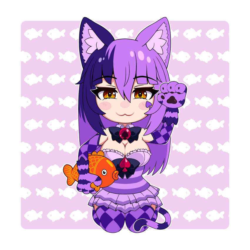 :3 absurdres animal animal_ear_fluff animal_ears animal_hands argyle_clothes argyle_gloves argyle_thighhighs bell black_bow black_bowtie bow bowtie breasts cat_ears cat_girl cat_paws cat_tail checkered_clothes checkered_legwear cheshire_cat_(monster_girl_encyclopedia) chibi cleavage closed_mouth commentary dress english_commentary facial_mark female fish fish_background hair_between_eyes highres holding holding_animal holding_fish large_breasts long_hair looking_at_viewer maneki-neko marking_on_cheek monster_girl monster_girl_encyclopedia multicolored_hair neck_bell purple_background purple_dress purple_fur smile solo spade_(shape) spade_facial_mark streaked_hair striped_tail tail two-tone_hair wlper yellow_eyes