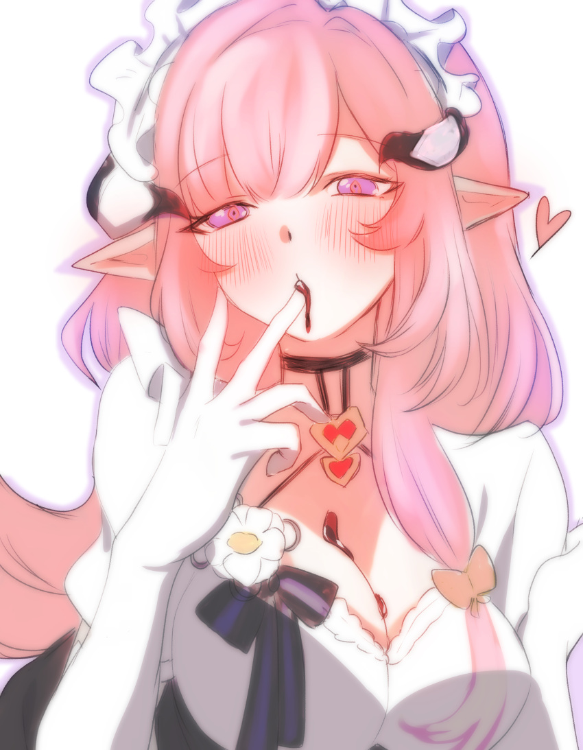 absurdres blood blood_from_mouth blood_on_breasts blush breasts cleavage_cutout clothing_cutout commentary_request dress elbow_gloves elf elysia_(honkai_impact) elysia_(miss_pink)_(honkai_impact) elysia_(miss_pink_elf)_(honkai_impact) female finger_in_own_mouth gloves half-closed_eyes heart highres honkai_(series) honkai_impact_3rd horns long_hair maid maid_headdress official_alternate_costume parted_lips pink_eyes pink_hair pointy_ears portrait satoyukitowa short_sleeves solo white_gloves