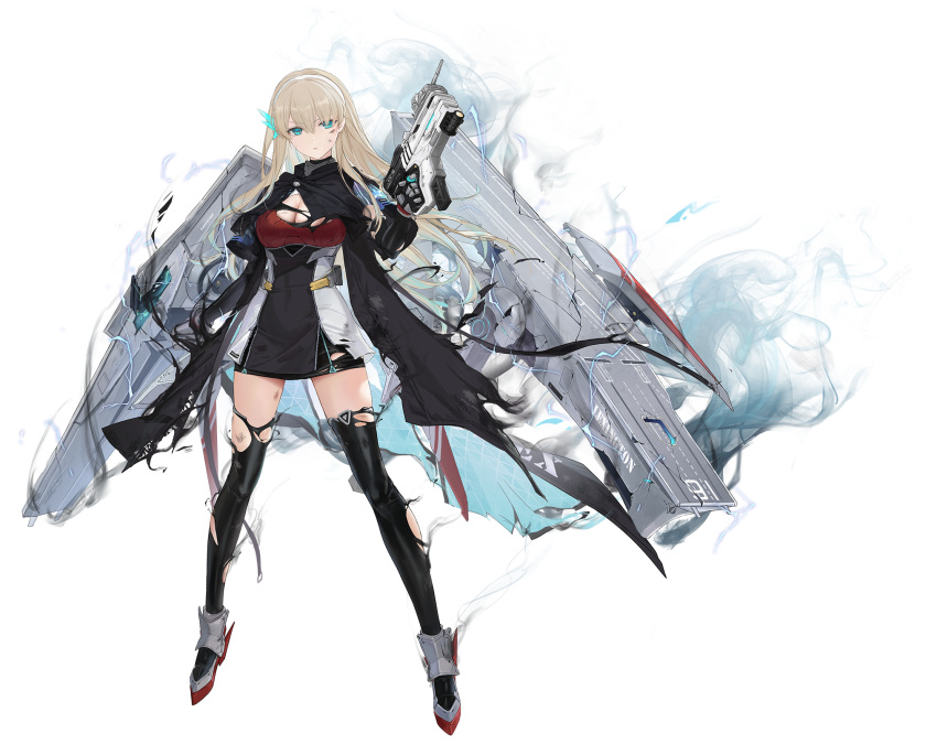 belt black_thighhighs blonde_hair blue_feathers collar eyes_visible_through_hair feather_hair_ornament feathers female gun hair_ornament hairband handgun highres holding non-web_source thighhighs warship_girls_r weapon