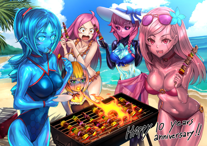 5girls ahoge anniversary beach bikini black_hair black_sclera blue_eyes blue_hair blue_sclera blue_skin braid breasts breath_weapon breathing_fire colored_sclera colored_skin cooking drill_hair drill_ponytail eating english_commentary eyewear_on_head fire flower frilled_bikini frills grey_hair grey_skin grill grilling hair_flower hair_ornament hat highres holding holding_skewer hourglass ibenz009 long_hair looking_at_viewer medium_breasts metal_skin multicolored_hair multiple_girls navel ocean one-piece_swimsuit orange_eyes orange_hair original palm_tree pink_eyes pink_skin ponytail see-through_body single_braid skewer sun_hat sunglasses surprised swimsuit tree