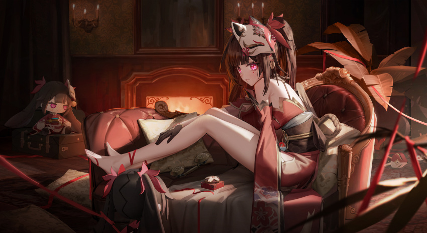 absurdres bare_shoulders barefoot blunt_bangs breasts brown_gloves brown_hair brown_sash candlelight character_doll chinese_commentary commentary_request cotta_(heleif) couch detached_sleeves feet fireplace floral_print fox_mask frame gloves hair_ornament highres honkai:_star_rail honkai_(series) indoors japanese_clothes leaning_forward legs long_hair long_sleeves looking_at_viewer mask mask_on_head mole mole_under_eye obi on_couch parted_lips phone pillow pink_eyes plant push-button sash sidelocks sitting solo sparkle_(honkai:_star_rail) suitcase twintails wallpaper_(object) wide_sleeves