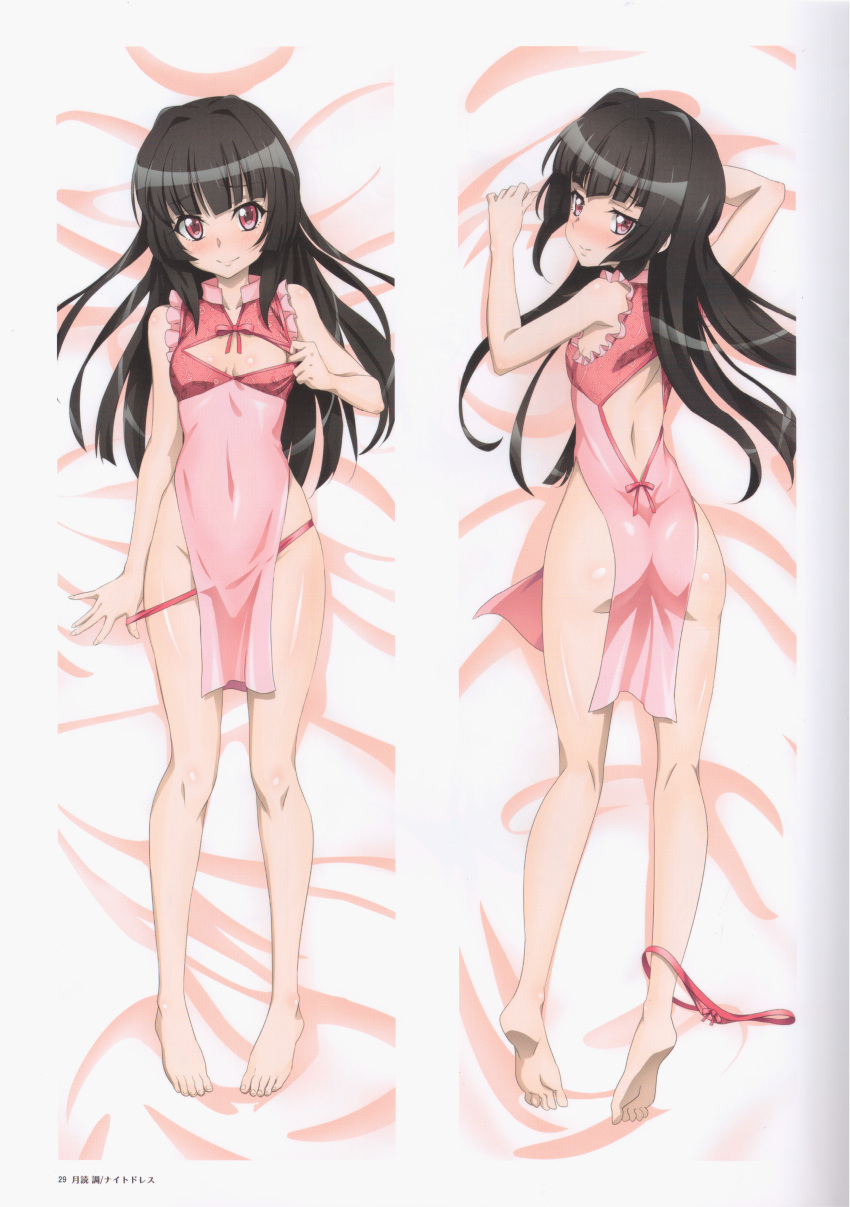 absurdres ass bare_shoulders black_hair blush breasts cleavage female fujikawa_daichi highres lingerie long_hair looking_at_viewer non-web_source panties panties_around_one_leg red_eyes red_panties senki_zesshou_symphogear small_breasts smile thong tsukuyomi_shirabe underwear