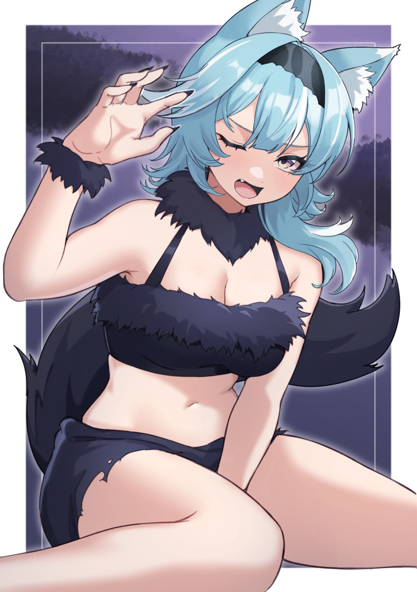 absurdres animal_ears bandeau black_hairband black_nails blue_hair commentary_request eula_(genshin_impact) female fur_collar fur_trim genshin_impact hairband hand_up highres kemonomimi_mode kirima_(user_danf8787) long_hair midriff nail_polish navel sitting solo stomach thighs wariza wolf_ears wrist_cuffs