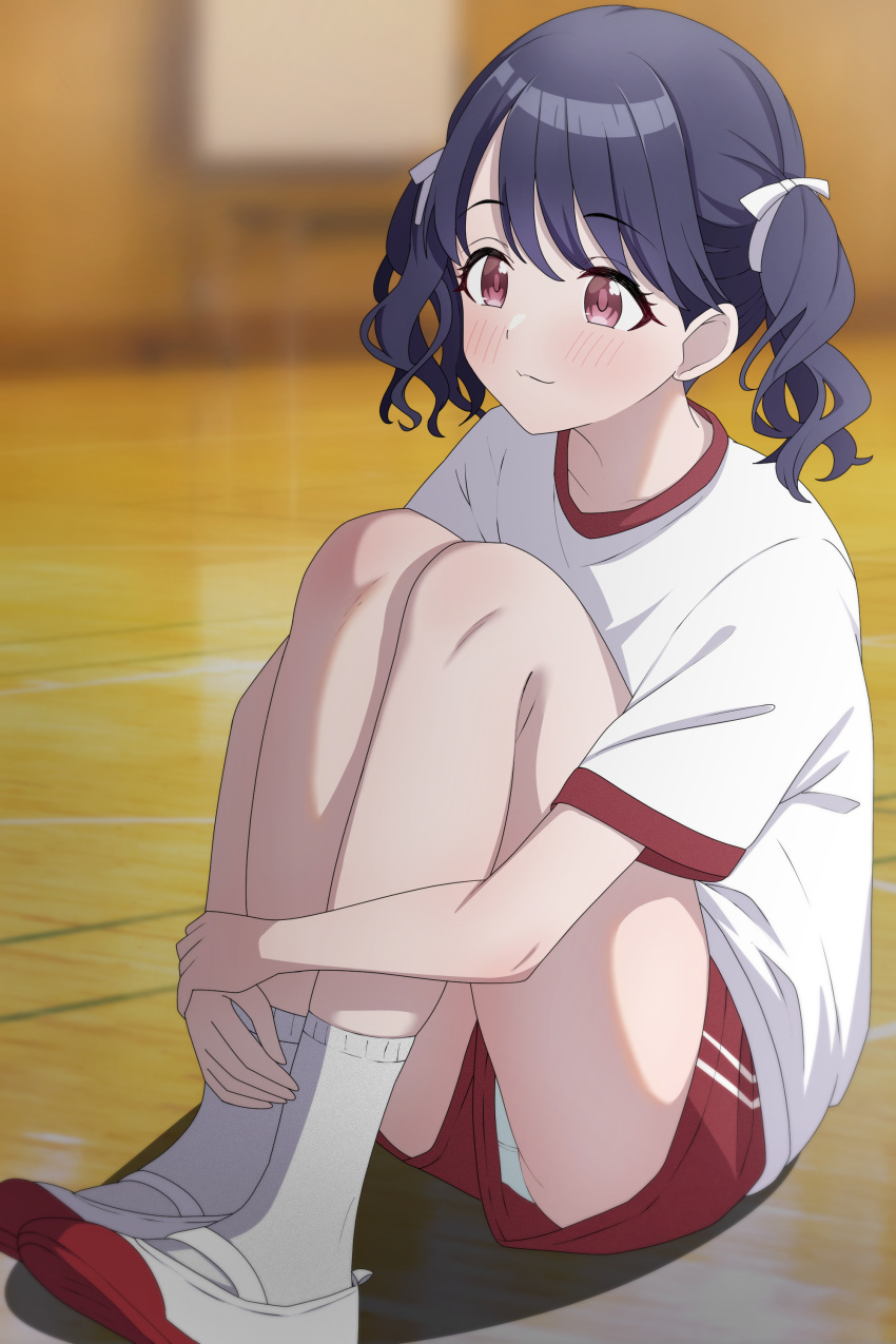 absurdres bare_legs blurry blurry_background blush commentary female fukumaru_koito gym_shirt gym_uniform highres hugging_own_legs idolmaster idolmaster_shiny_colors indoors knees_up light_smile looking_ahead musha_no_kozi panties panty_peek purple_hair red_eyes red_shorts shirt shoes short_sleeves shorts sitting socks solo twintails underwear uwabaki white_panties white_socks