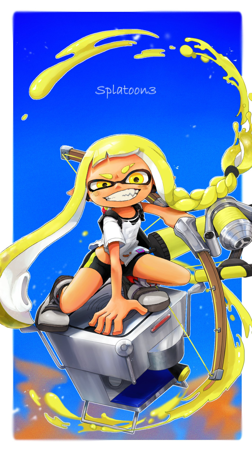 absurdres bike_shorts black_bra black_shorts blonde_hair boots border bow_(weapon) bra bra_peek braid commentary_request copyright_name earclip eyebrow_cut fangs female full_body grey_footwear grin highres holding holding_bow_(weapon) holding_weapon ink_tank_(splatoon) inkling inkling_girl inkling_player_character long_hair looking_at_viewer midriff_peek pointy_ears shirt short_sleeves shorts single_braid smile smr_ika solo splatoon_(series) splatoon_3 squatting suction_cups tentacle_hair torn_clothes torn_shirt tri-stringer_(splatoon) underwear very_long_hair weapon white_border white_shirt yellow_eyes