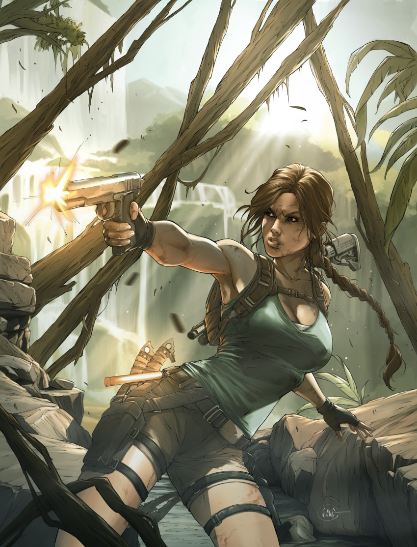 breasts brown_eyes brown_gloves brown_hair brown_shorts commentary day dirty dirty_face english_commentary female fingerless_gloves firing gloves green_tank_top gun handgun highres holding holding_gun holding_weapon holster illyne_cosplay lara_croft long_hair looking_to_the_side medium_breasts muzzle_flash outdoors ponytail short_shorts shorts signature solo standing tank_top thigh_holster tomb_raider tree weapon