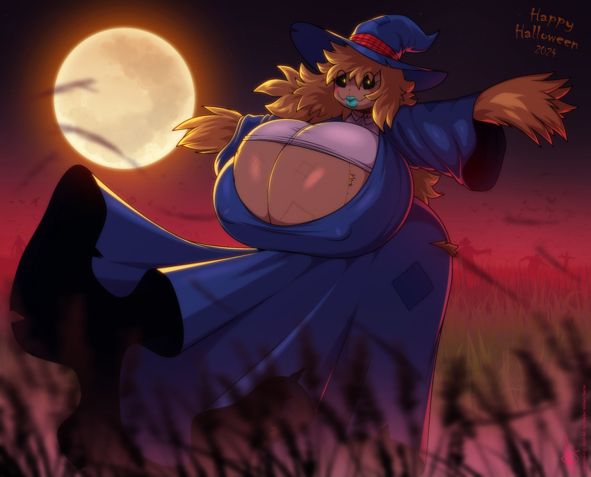 absurd_res big_breasts breasts clothing erect_nipples female full_moon grass halloween hi_res holidays humanoid lips moon nipples plant scarecrow solo tall_grass walter_sache