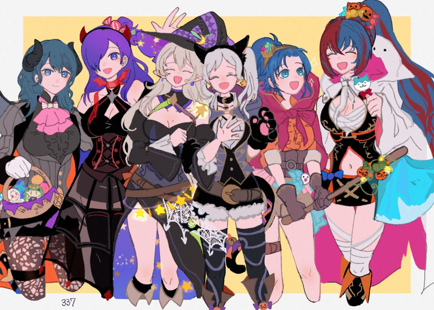 6+girls alear_(female)_(fire_emblem) alear_(fire_emblem) alternate_costume axe blue_hair breasts byleth_(female)_(fire_emblem) byleth_(fire_emblem) byleth_(male)_(fire_emblem) byleth_(male)_(fire_emblem)_(cosplay) candy cleavage cloak corrin_(female)_(fire_emblem) corrin_(female)_(halloween)_(fire_emblem) corrin_(fire_emblem) cosplay dress fire_emblem fire_emblem:_new_mystery_of_the_emblem fire_emblem:_three_houses fire_emblem_awakening fire_emblem_engage fire_emblem_fates fire_emblem_heroes fire_emblem_warriors:_three_hopes food grey_hair halloween halloween_bucket halloween_costume hat highres horns in-franchise_crossover kris_(female)_(fire_emblem) kris_(fire_emblem) looking_at_viewer medium_breasts multicolored_hair multiple_girls official_alternate_costume open_mouth purple_hair robin_(female)_(fire_emblem) robin_(fire_emblem) sasaki_(dkenpisss) shez_(female)_(fire_emblem) shez_(fire_emblem) short_shorts shorts smile split-color_hair thighs witch_hat