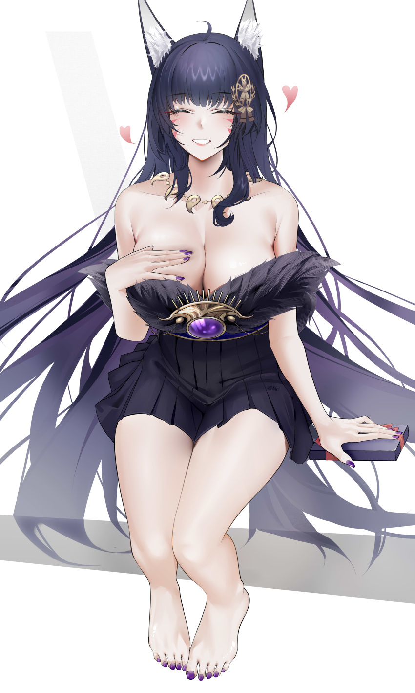 absurdres ahoge animal_ear_fluff animal_ears azur_lane bare_legs bare_shoulders barefoot black_hair black_kimono box box_of_chocolates breasts cleavage closed_eyes facial_mark facing_viewer feet female fox_ears full_body fur-trimmed_kimono fur_trim hair_ornament hand_on_own_chest highres holding holding_box invisible_chair japanese_clothes jewelry kimono long_hair long_sleeves magatama magatama_necklace musashi_(azur_lane) nail_polish necklace off_shoulder ohisashiburi_(style) parted_lips purple_nails short_kimono sitting smile solo toenail_polish toenails toes valentine very_long_hair wide_sleeves zhemuxuanhua