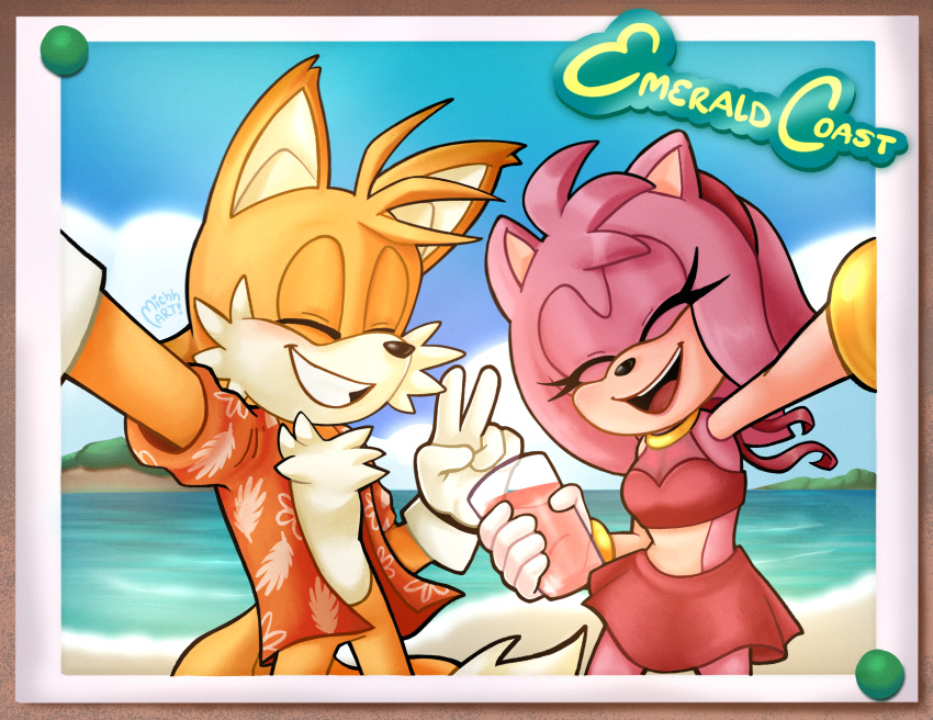 amy_rose anthro beach beverage canid canine closed_eyes duo eulipotyphlan female fox fur gesture hand_gesture hedgehog hi_res holding_beverage holding_glass holding_object male male/female mammal michhart photo pink_body pink_fur sea sega sky smile sonic_the_hedgehog_(series) tails teeth v_sign water yellow_body yellow_fur