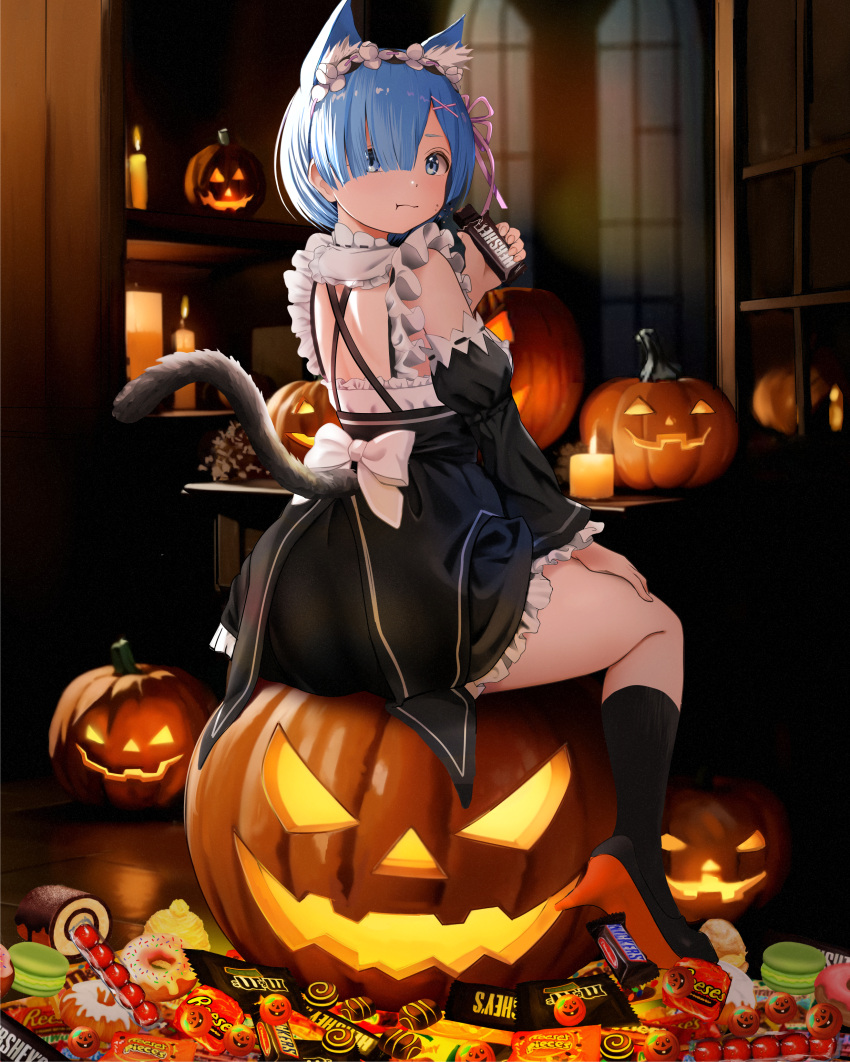 absurdres animal_ear_fluff animal_ears ass black_dress black_footwear black_sleeves black_socks blue_eyes bow breasts candle candy cat_ears cat_tail chocolate cinnamon_roll commentary_request cupcake dango dessert detached_sleeves doughnut dress eating female fingernails food frills from_behind full_body gibun_(sozoshu) halloween hershey's highres holding holding_food huge_ass indoors jack-o'-lantern kemonomimi_mode lollipop looking_at_viewer looking_back macaron maid orange_footwear pumpkin re:zero_kara_hajimeru_isekai_seikatsu reese's_cups rem_(re:zero) revision roswaal_mansion_maid_uniform shoes short_hair shoulder_blades sitting small_breasts snickers_(brand) socks solo sweets tail thighs two-tone_footwear wagashi white_bow