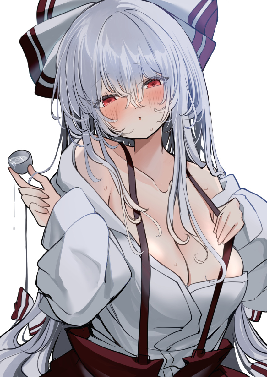 alcohol blush bow breasts cleavage collared_shirt commentary_request drunk female fujiwara_no_mokou grey_hair hair_between_eyes hairbow highres large_breasts long_hair long_sleeves looking_at_viewer mikan_(manmarumikan) pants parted_lips red_eyes red_pants sake shirt simple_background solo suspenders touhou white_background white_bow white_shirt