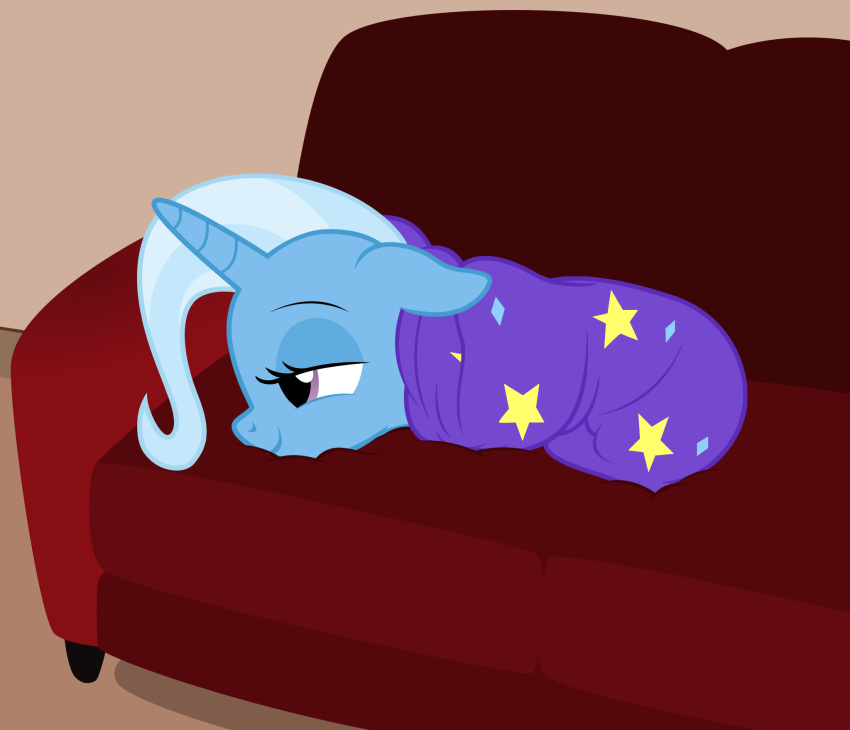 badumsquish bed bedding blanket blanket_burrito blissful blue_body blue_fur blue_hair equid equine female feral friendship_is_magic fur furniture hair hasbro hi_res horn inside lying mammal multicolored_hair my_little_pony mythological_creature mythological_equine mythology on_sofa purple_eyes relaxing smile sofa trixie_(mlp) two_tone_hair unicorn