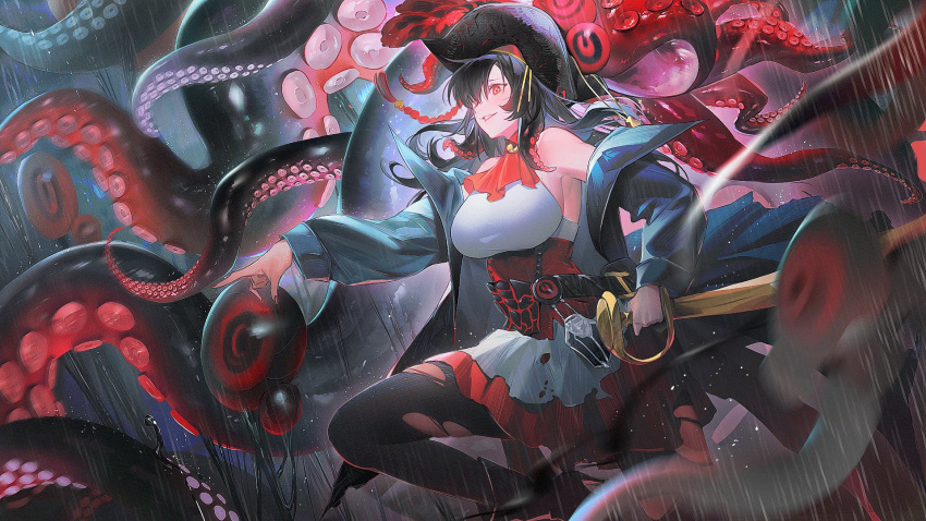 ascot azur_lane bare_shoulders black_coat black_footwear black_hair black_pantyhose breasts coat female hat highres holding holding_sword holding_weapon kukuish large_breasts long_hair pantyhose parted_lips pirate_hat rain red_ascot red_eyes royal_fortune_(azur_lane) saber_(weapon) smile solo suction_cups sword tentacle tentacle_hair torn_clothes torn_pantyhose weapon