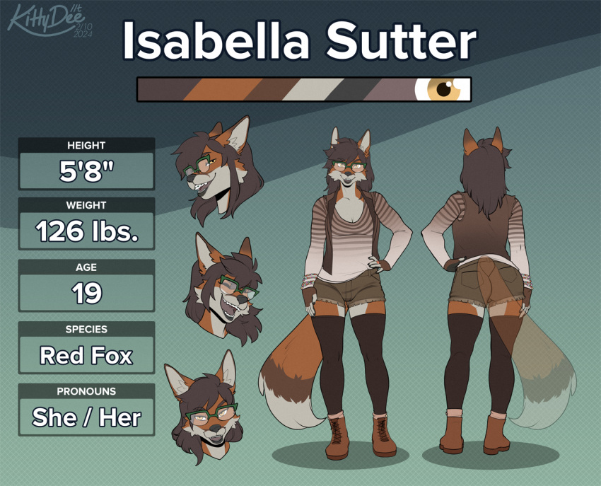 2024 anthro boots bottomwear braces canid canine closed_eyes clothed clothing english_text eyewear female footwear fox fully_clothed glasses hair hand_on_hip isabella_sutter kittydee legwear looking_at_viewer mammal model_sheet red_fox shorts simple_background smile solo standing text thigh_highs true_fox yellow_eyes