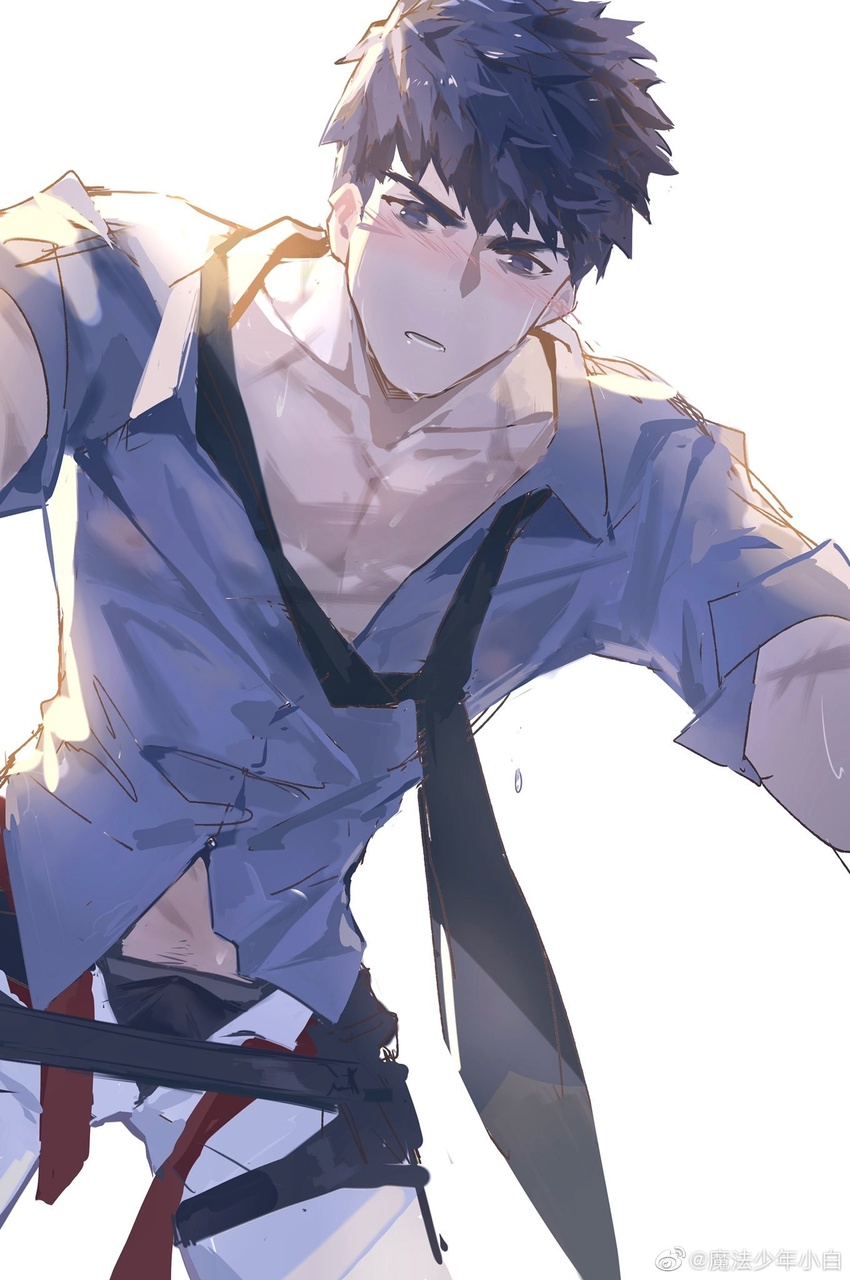 1boy alchemy_stars bara black_hair blush feet_out_of_frame from_below highres kabedon_on_viewer looking_at_viewer loose_necktie magicxbai male_focus male_underwear male_underwear_peek midriff_peek necktie pectoral_cleavage pectorals pittman_(alchemy_stars) scar scar_on_cheek scar_on_face short_hair solo sweat thick_eyebrows toned toned_male underwear