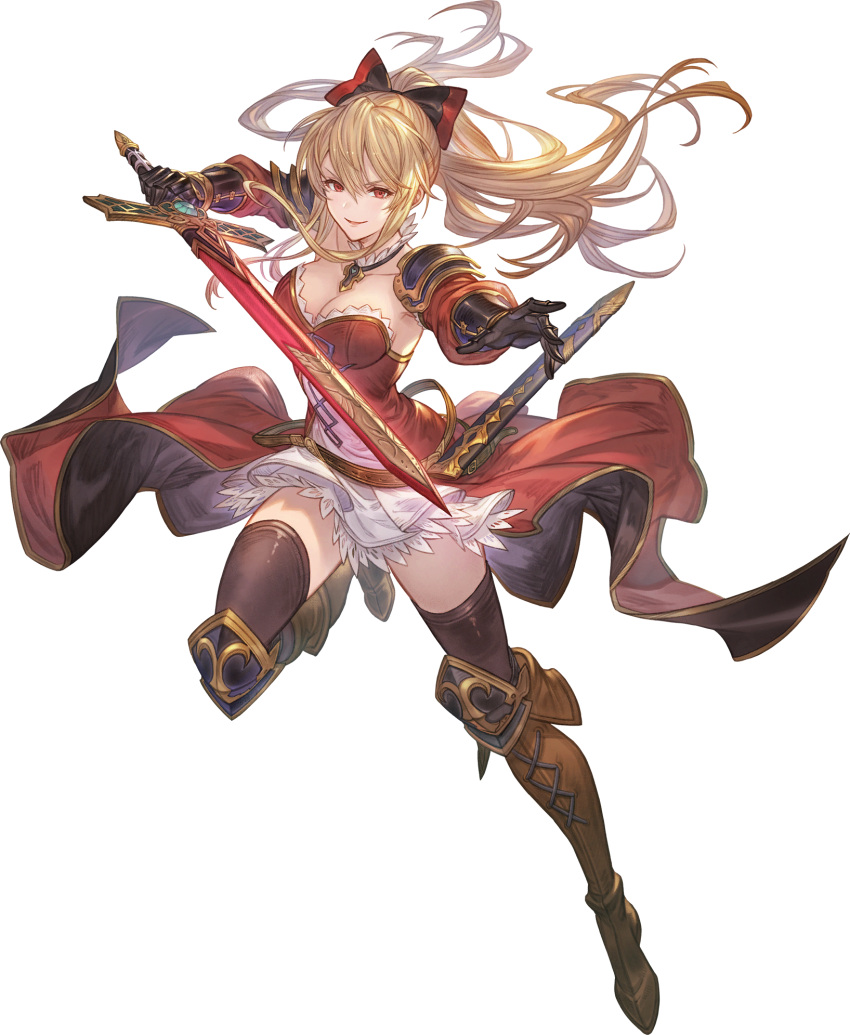 black_thighhighs blonde_hair boots bow breasts cleavage dress female full_body gauntlets granblue_fantasy granblue_fantasy_versus:_rising hairbow highres holding holding_sword holding_weapon knee_boots long_hair looking_at_viewer minaba_hideo official_art ponytail red_eyes sheath short_dress skirt smile solo sword thighhighs transparent_background vira_(granblue_fantasy) weapon zettai_ryouiki