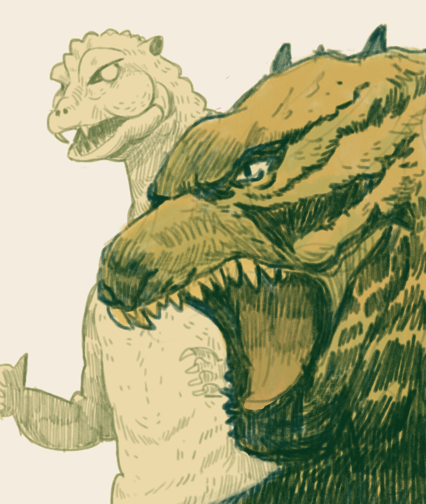 2024 5_fingers absurd_res bone_frill chubby_cheeks clawed_fingers claws colored digital_drawing_(artwork) digital_media_(artwork) duo fangs feral fingers frill_(anatomy) furrowed_brow godzilla godzilla_(1954) godzilla_(series) green_body green_eyes green_scales hi_res kaiju male monster open_mouth potpourri98 reptile roaring scales scalie simple_background standing teeth toho white_background yellow_teeth