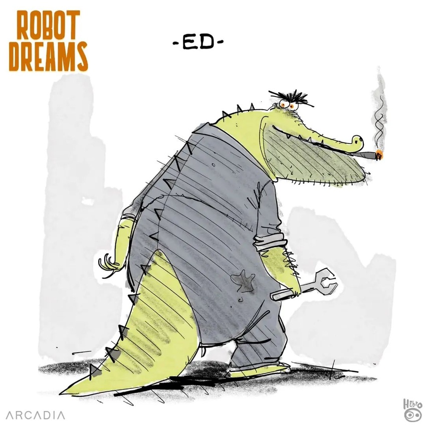 1:1 2020 anthro biped clothed clothing concept_art crocodile crocodilian crocodylid daniel_fernandez_casas ed_(robot_dreams) green_body male model_sheet official_art reptile robot_dreams scalie simple_background smoking solo