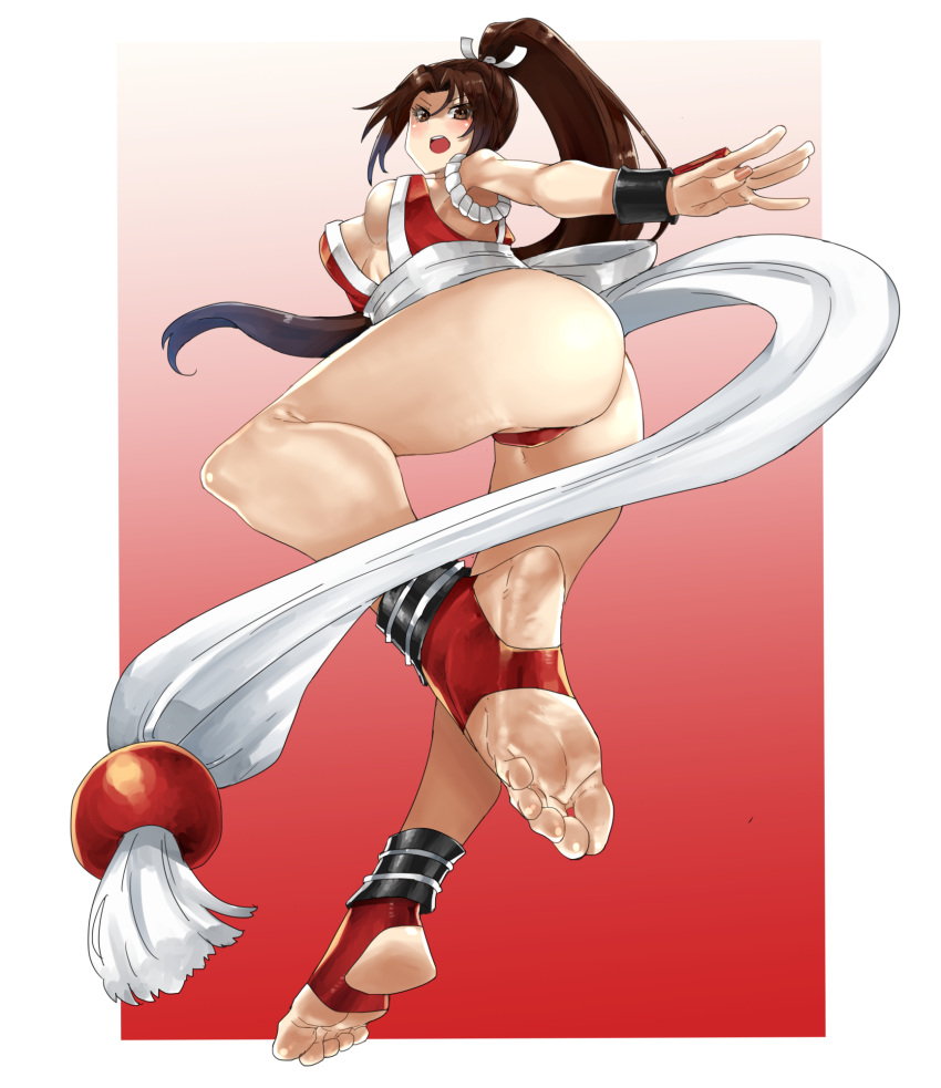 airborne ass bare_legs border breasts brown_eyes brown_hair butt_crack cleavage eiji_(eiji) fatal_fury feet female fire foot_focus foreshortening full_body high_ponytail highleg highleg_panties highres holding huge_breasts japanese_clothes long_hair looking_at_viewer multicolored_background ninja open_mouth panties pelvic_curtain ponytail red_footwear revealing_clothes rope sash shiranui_mai sleeveless soles solo stirrup_legwear the_king_of_fighters the_king_of_fighters_xv thighs thrown toeless_footwear toeless_legwear toes underwear white_border