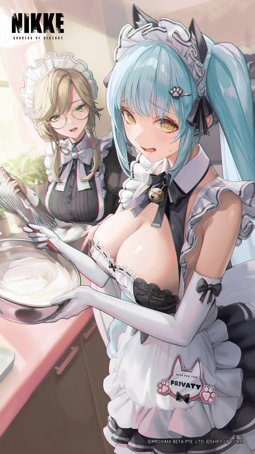 2girls @_@ ade_(nikke) animal_ear_fluff animal_ears apron aqua_hair artist_request black_dress black_ribbon bowl breasts cat_ears copyright_name cropped curtains day dress elbow_gloves english_text frilled_apron frills glasses gloves goddess_of_victory:_nikke green_eyes hair_ornament hairclip highres holding holding_bowl holding_whisk indoors juliet_sleeves long_sleeves mixing_bowl multiple_girls official_art open_mouth parted_bangs privaty_(nikke) privaty_(unkind_maid)_(nikke) puffy_sleeves raised_eyebrows ribbon second-party_source standing sunlight swept_bangs teeth twintails upper_teeth_only whisk white_apron white_gloves window yellow_eyes