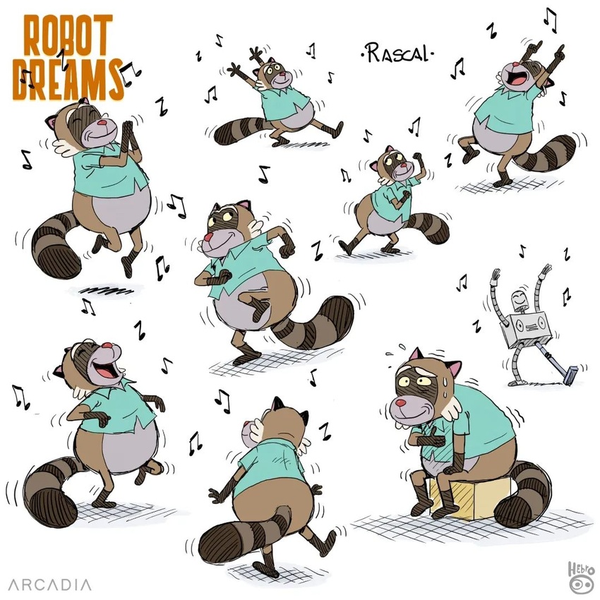 1:1 2020 anthro biped brown_body closed_eyes clothing concept_art dancing daniel_fernandez_casas machine male mammal official_art procyonid raccoon rascal_(robot_dreams) robot robot_(robot_dreams) robot_dreams shirt sitting slightly_chubby solo tired topwear