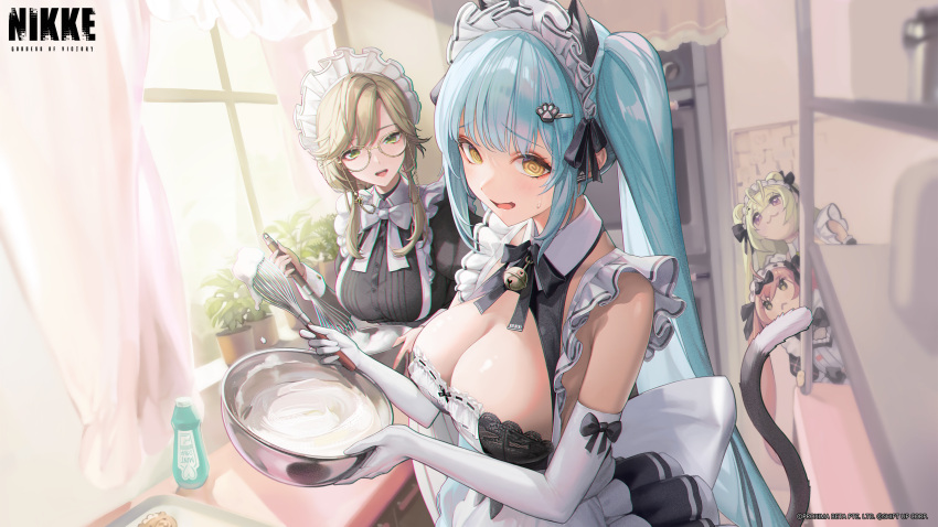 4girls @_@ absurdres ade_(nikke) animal_ear_fluff animal_ears apron aqua_hair black_dress black_ribbon bowl breasts cat_ears copyright_name curtains day dress elbow_gloves english_text frilled_apron frills glasses gloves goddess_of_victory:_nikke green_eyes hair_ornament hairclip highres holding holding_bowl holding_whisk indoors juliet_sleeves long_sleeves mixing_bowl multiple_girls official_art open_mouth parted_bangs privaty_(nikke) privaty_(unkind_maid)_(nikke) puffy_sleeves raised_eyebrows ribbon soda_(nikke) standing sunlight swept_bangs teeth twintails upper_teeth_only watermark whisk white_apron white_gloves window yellow_eyes