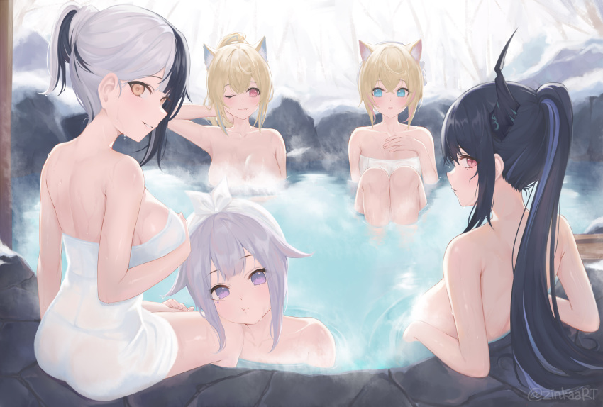 5girls :t absurdres animal_ear_fluff animal_ears black_hair black_horns blonde_hair blue_eyes blue_hair breasts cheek_press colored_inner_animal_ears commentary_request crossed_bangs dog_ears dog_girl fuwawa_abyssgard hair_between_eyes hair_flaps hand_on_own_chest highres holoadvent hololive hololive_english horns knees_up koseki_bijou large_breasts light_blush long_hair looking_at_viewer looking_to_the_side mococo_abyssgard mole mole_under_eye multicolored_hair multiple_girls naked_towel nerissa_ravencroft oerba_yun_fang one_eye_closed onsen outdoors parted_lips partially_submerged pink_eyes pink_hair ponytail purple_eyes red_eyes rock same-sex_bathing shared_bathing shiori_novella short_hair short_ponytail siblings sidelocks sideways_glance sideways_mouth sisters sitting skin_fang smile snow soaking_feet split-color_hair steam streaked_hair teeth towel twins twitter_username two-tone_hair virtual_youtuber water wet wet_towel white_towel yellow_eyes zinkaa