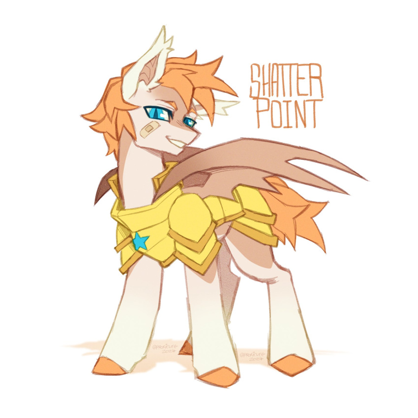 1:1 armor band-aid bandage blue_eyes character_name ear_tuft equid equine fan_character feral fur gold_(metal) gold_armor hair hasbro hi_res hooves horse horse_armor male mammal membrane_(anatomy) membranous_wings my_little_pony orange_hair orange_hooves pony proxicute quadruped shadow simple_background solo tan_body tan_fur thestral tuft wings