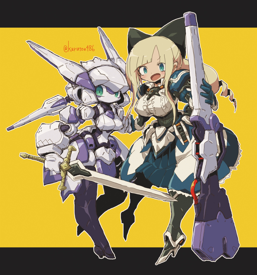 2girls absurdres black_bow blonde_hair blue_eyes blue_skirt blush bow breasts buster_maiden_(kuruton486) floating_hair gun hairbow highres holding holding_gun holding_sword holding_weapon humanoid_robot kuruton486 large_breasts letterboxed long_hair looking_at_viewer luca_(kuruton486) medium_breasts multiple_girls original robot science_fiction shirt skirt smile sword twitter_username weapon weapon_switch white_shirt