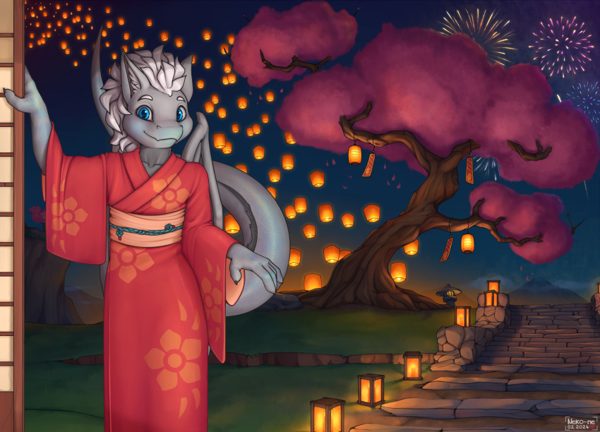 2024 anthro artist_logo artist_name asian_architecture asian_clothing asian_culture belt blue_eyes cherry_blossom cherry_blossom_tree cherry_tree chinese_zodiac clothed clothing colored dawn_(dawnthedragon) decoration detailed detailed_background detailed_environment detailed_eyes detailed_lighting detailed_scales dorsal_fin dorsal_ridge draconis_elementa dragon dragon_quest east_asian_clothing european_mythology eyebrows fin fireworks flower fruit_tree grass grey_body grey_scales hair hand_on_building hand_on_wall hanging_lantern hi_res holidays japanese_clothing kimono lamp lantern logo long_tail looking_at_viewer lunar_new_year male male_anthro maleherm_(lore) mountain mythological_creature mythological_scalie mythology neko-me new_year night ofuda oil_lamp paper_lantern pathway plant prunus_(flower) raised_eyebrows red_clothing reptilian_tail scales scalie shaded shoji short_hair signature smile smiling_at_viewer solo spiky_hair square_enix stone_path tail tail_behind_head talisman talismans themed_pic tree western_dragon white_hair wings year_of_the_dragon