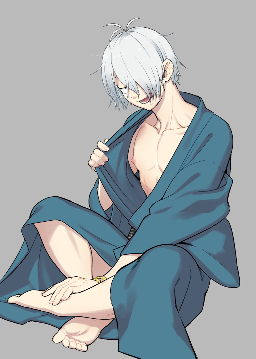 1boy absurdres barefoot blue_kimono feet gegege_no_kitarou hair_over_one_eye highres japanese_clothes kimono male_focus marotoskin medama_oyaji medama_oyaji_(human) muscular muscular_male nipples open_mouth short_hair solo toes white_hair