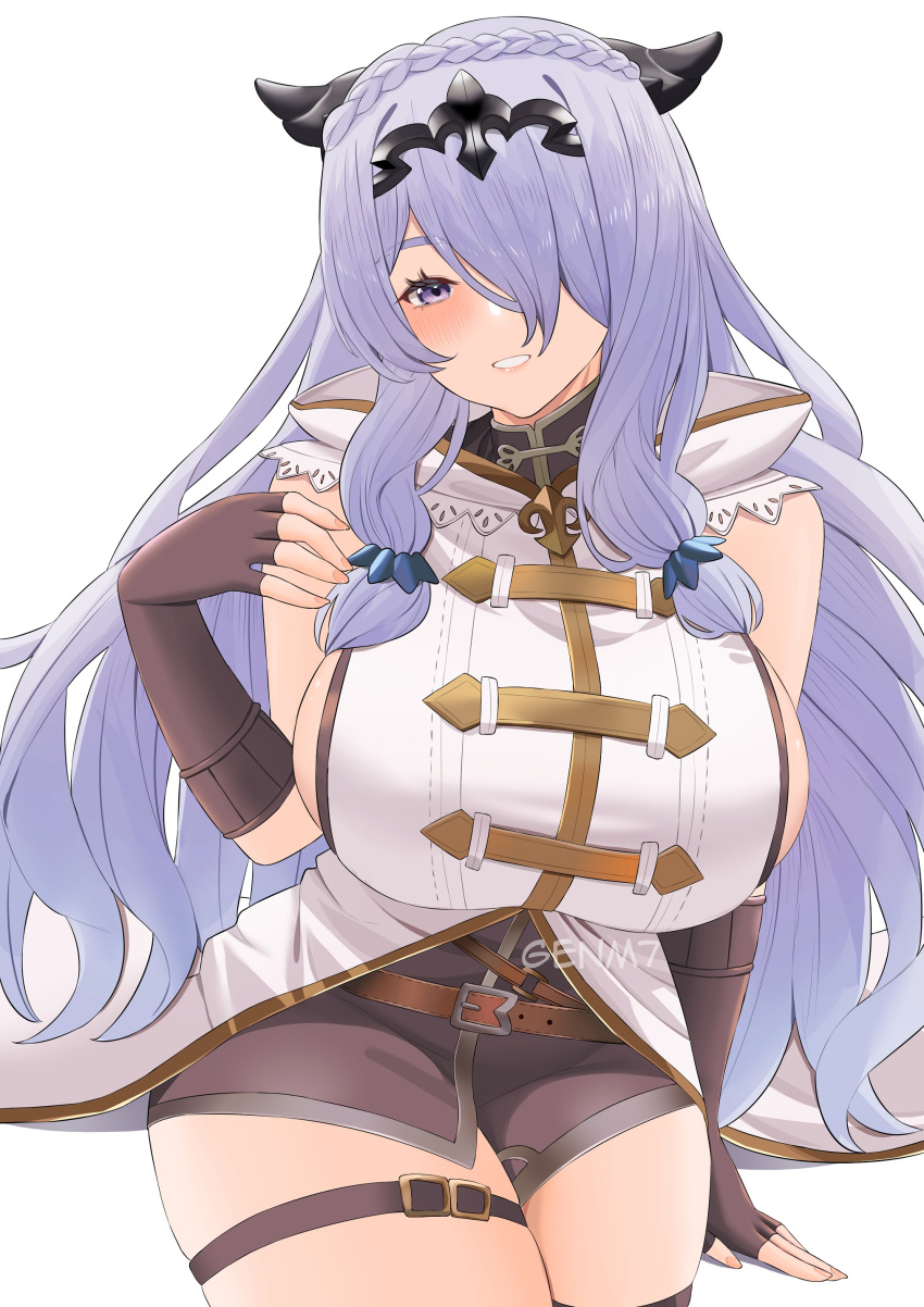 absurdres alternate_costume black_gloves braid breasts camilla_(fire_emblem) cosplay crown_braid female fingerless_gloves fire_emblem fire_emblem_fates genm7 gloves granblue_fantasy highres large_breasts looking_at_viewer low-tied_sidelocks narmaya_(granblue_fantasy) narmaya_(granblue_fantasy)_(cosplay) parted_lips purple_eyes purple_hair shorts sideboob sideless_shirt sidelocks smile solo teeth thigh_strap tiara white_background