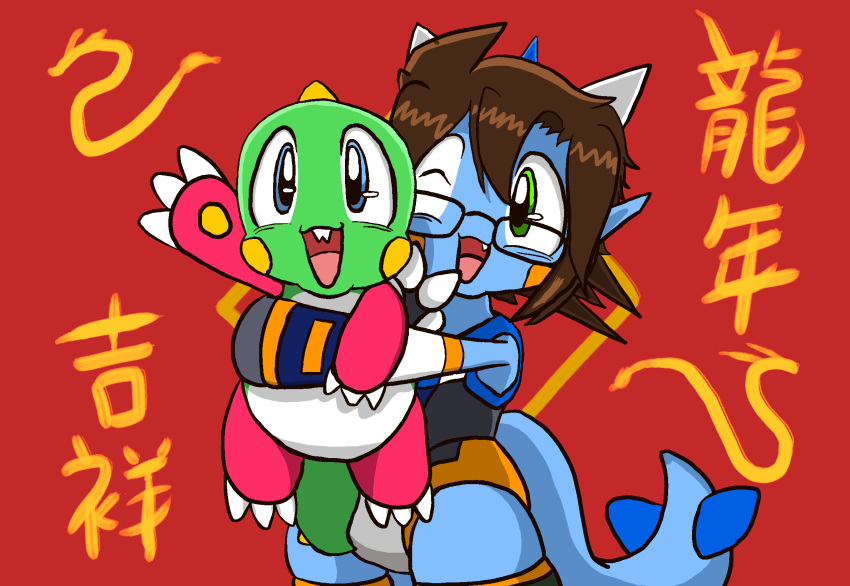 anthro biped blue_body brown_hair bub_(bubble_bobble) bubble_bobble bubble_dragon chibi chinese_zodiac clothing dragon duo facial_markings fanged_dragon garyu_(species) gesture green_body green_eyes gunma747j gunma_(gunma747j) hail-fanged_dragon hair head_markings hi_res hug hyogaryu kemono looking_at_viewer male markings mythological_creature mythological_scalie mythology one-piece_swimsuit one_eye_closed open_mouth open_smile puzzle_bobble red_background scalie simple_background smile square_enix swimwear tail taito waving waving_at_viewer wink winking_at_viewer year_of_the_dragon