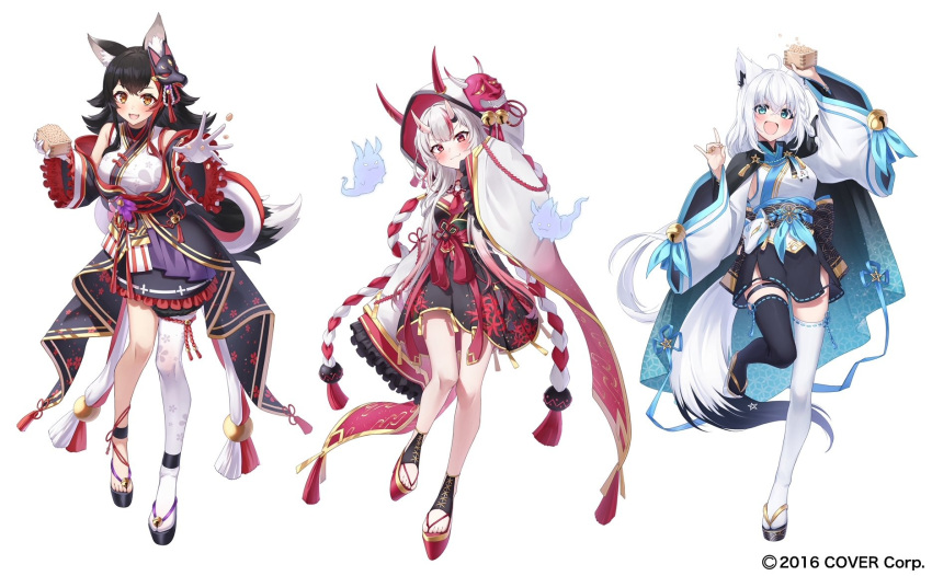 3girls ahoge animal_ear_fluff animal_ears asymmetrical_legwear ayafubumi_(hololive) beans bell black_hair black_kimono blush braid breasts cape ehoumaki food fox_ears fox_girl fox_shadow_puppet fox_tail full_body gradient_hair hair_bell hair_between_eyes hair_ornament highres hololive horns japanese_clothes jingle_bell karma_(nakiri_ayame) kimono kouhaku_nawa long_hair looking_at_viewer makizushi mamemaki mask mask_on_head mismatched_legwear morros multicolored_hair multiple_girls nakiri_ayame oni oni_mask ookami_mio open_mouth pentagram red_eyes red_hair rope setsubun shimenawa shirakami_fubuki shiranui_(nakiri_ayame) side_braid simple_background single_braid single_thighhigh skin-covered_horns smile soybean streaked_hair sushi tail tail_around_own_leg tail_wrap thighhighs virtual_youtuber white_hair wide_sleeves wolf_ears wolf_girl wolf_mask wolf_tail