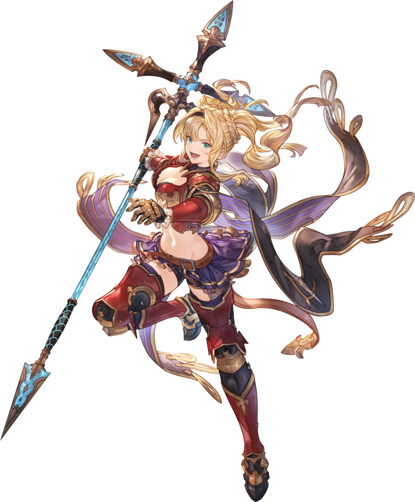 armor armored_boots blonde_hair blue_eyes boots braid breasts cleavage crop_top female full_body gauntlets gold_trim granblue_fantasy granblue_fantasy_versus:_rising hair_ornament hairband highres long_hair looking_at_viewer medium_breasts midriff minaba_hideo navel official_art parted_lips pleated_skirt polearm shoulder_armor showgirl_skirt skirt smile solo spear standing stomach tachi-e transparent_background twintails weapon zeta_(granblue_fantasy)