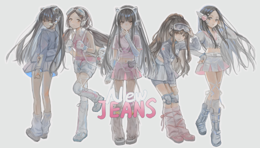 5girls adjusting_eyewear animal_ear_headphones animal_ears animification arms_behind_back asymmetrical_legwear backpack bag belt bike_shorts black_eyes black_hair blunt_bangs blush brown_eyes brown_hair cable cat_ear_headphones catzz collared_shirt copyright_name cropped_shirt danielle_(newjeans) detached_pants detached_sleeves everyone fake_animal_ears fingerless_gloves floating_hair frown get_up_(newjeans) gloves goggles goggles_on_head grey_background grey_belt grey_footwear grey_gloves grey_jacket grey_leg_warmers grey_shorts grey_skirt grey_socks haerin_(newjeans) hand_in_own_hair hand_on_eyewear hand_on_own_cheek hand_on_own_face hanni_(newjeans) headphones highres holding_own_arm hyein_(newjeans) jacket juliet_sleeves k-pop knee_pads kneehighs leaning_forward long_hair long_sleeves looking_at_viewer looking_back low_twintails midriff_peek minji_(newjeans) mismatched_legwear multiple_girls navel newjeans parted_bangs parted_lips pink_footwear pink_leg_warmers pink_shirt pink_skirt ponytail puffy_sleeves real_life ribbon scouter shirt shoes shorts sidelocks skirt sleeveless sleeveless_shirt smile sneakers socks star_(symbol) striped_clothes stuffed_animal stuffed_rabbit stuffed_toy track_jacket twintails very_long_hair white_footwear white_ribbon white_shirt white_shorts