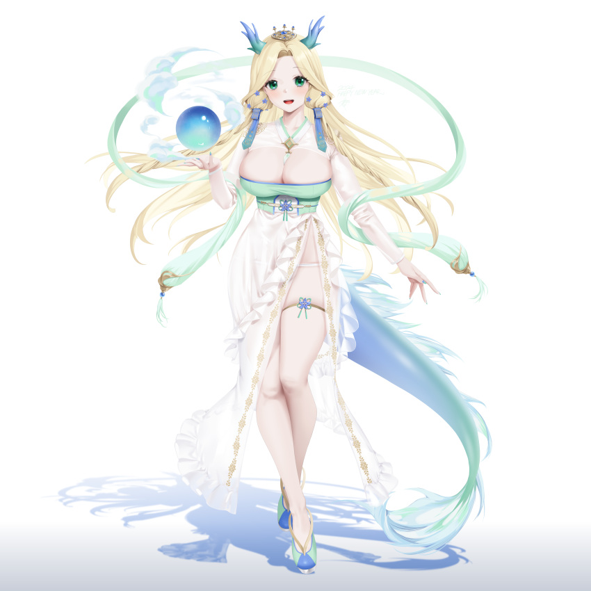 2024 absurdres antlers blonde_hair blue_nails breasts chinese_zodiac cleavage crown crystal_ball dragon_girl dragon_tail dress eastern_dragon_tail female full_body green_eyes green_nails hagoromo hanbok happy_new_year highres horns korean_clothes large_breasts legs long_hair long_sleeves looking_at_viewer mini_crown multicolored_nails new_year object_floating_above_hand open_mouth original panties see-through see-through_dress shadow shawl side_slit simple_background skindentation smile solo tail teddyellow thigh_strap underwear walking white_background white_hanbok white_panties year_of_the_dragon