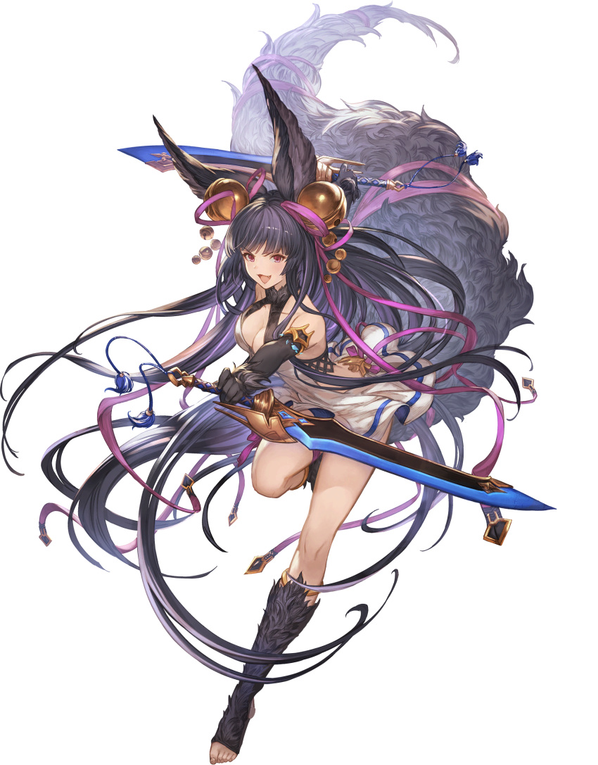 absurdres animal_ears backless_outfit bare_shoulders black_hair breasts cleavage copyright_name dual_wielding erune female full_body gloves granblue_fantasy granblue_fantasy_versus:_rising hair_ornament highres holding holding_sword holding_weapon long_hair minaba_hideo official_art purple_eyes solo standing sword tachi-e tail toeless_legwear transparent_background weapon yuel_(granblue_fantasy)