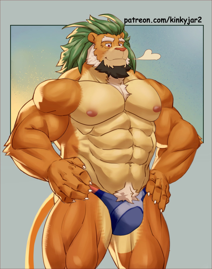 1boy abs animal_ears arsalan_(housamo) bara beard blue_male_swimwear breath bulge claws english_commentary facial_hair furry furry_male hands_on_own_hips highres lhjal2 lion_boy lion_ears lion_mane lion_tail looking_down male_focus male_swimwear muscular muscular_male nipples patreon_username pectorals pubic_hair red_eyes smile solo tail thick_eyebrows tokyo_afterschool_summoners topless_male