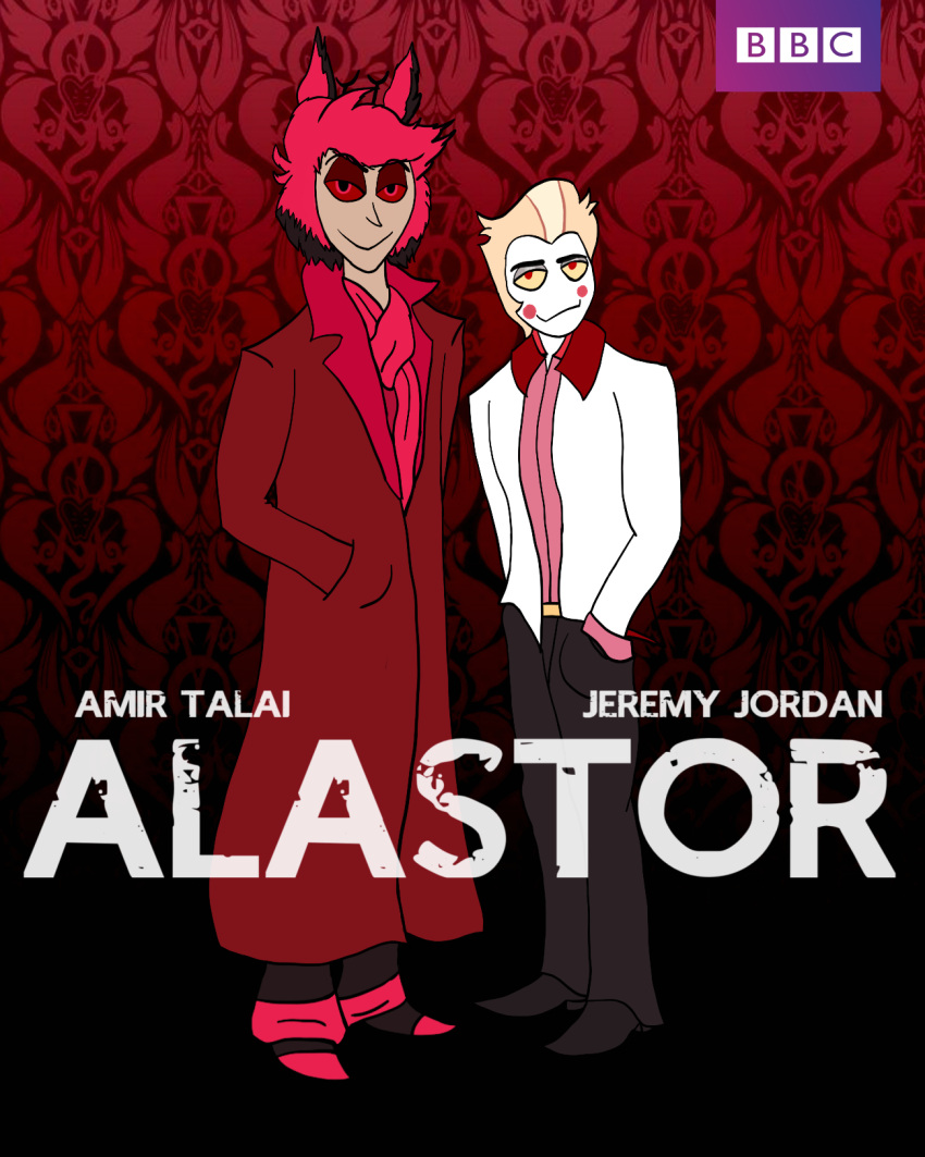 abstract_background alastor_(hazbin_hotel) british_broadcasting_corporation clothed clothing coat deer demon duo hand_in_pocket hazbin_hotel hi_res human humanoid john_watson looking_at_viewer lucifer_(hazbin_hotel) male male/male mammal movie_poster noseless parody pockets poster reachahighernoon redraw scarf sherlock_holmes sinner_demon topwear trenchcoat