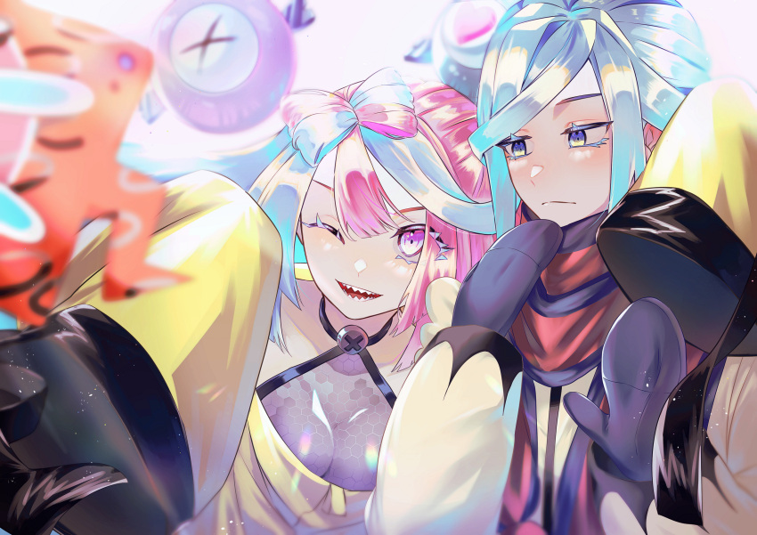 1boy arm_around_shoulder blue_gloves blue_hair breasts character_hair_ornament female gloves grusha_(pokemon) hair_ornament heart highres iono_(pokemon) multicolored_hair ni_(7no8210mare) one_eye_closed phone pink_eyes pink_hair pokemon pokemon_sv rotom rotom_phone scarf selfie sleeves_past_fingers sleeves_past_wrists two-tone_hair