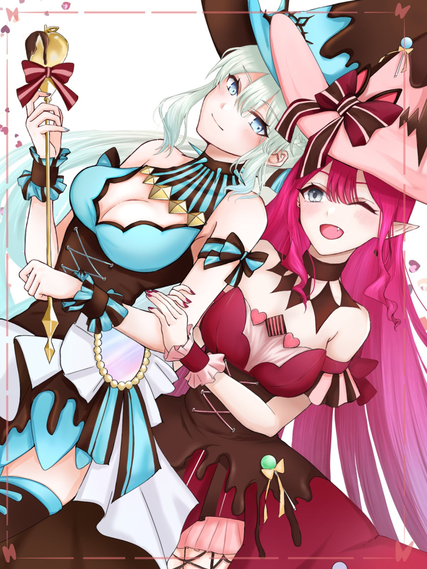 2girls baobhan_sith_(fate) baobhan_sith_(valentine_witches)_(fate) bare_shoulders blue_bow blue_dress blue_eyes blue_headwear blue_nails blush bow breasts cleavage closed_mouth commentary cowboy_shot dress earrings fate/grand_order fate_(series) fingernails frilled_wrist_cuffs frills grey_eyes hair_between_eyes halter_dress halterneck hat heart highres holding holding_another's_arm inset_border jewelry kawairuka_ko long_hair looking_at_another looking_at_viewer medium_breasts morgan_le_fay_(fate) morgan_le_fay_(valentine_witches)_(fate) mother_and_daughter multiple_girls nail nail_polish oerba_yun_fang off-shoulder_dress off_shoulder one_eye_closed open_mouth pink_hair pink_headwear pointy_ears red_bow red_dress red_nails sidelocks sleeveless sleeveless_dress smile valentine wand white_background white_hair witch_hat wrist_cuffs