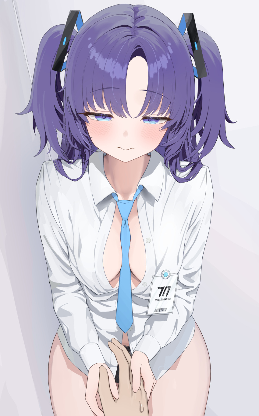 1other absurdres ama_(amastration55) black_panties blue_archive blue_necktie blush breasts closed_mouth collared_shirt cowboy_shot female highres large_breasts long_hair long_sleeves necktie no_pants panties purple_eyes purple_hair shirt solo_focus two_side_up underwear white_shirt yuuka_(blue_archive)