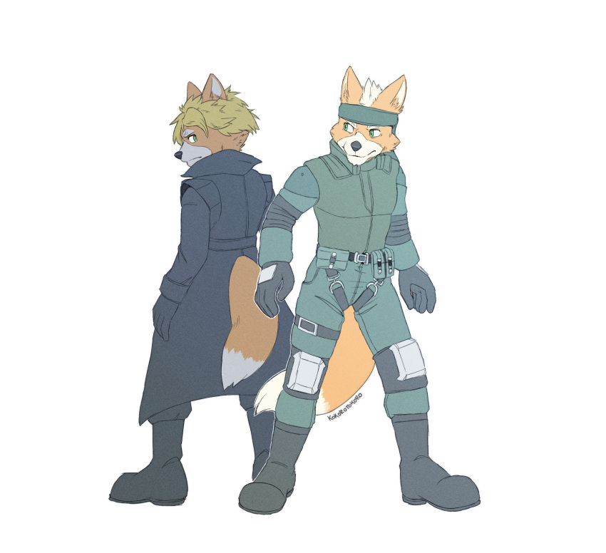 accessory anthro blonde_hair boots canid canine clothing coat crossover footwear fox fox_mccloud fur gloves hair handwear headband hi_res knee_pads kokoro-tokoro konami liquid_snake male mammal metal_gear nintendo orange_body orange_fur sibling_(lore) sneaking_suit solid_snake star_fox stealth_suit topwear trenchcoat twins_(lore) vest white_body white_fur