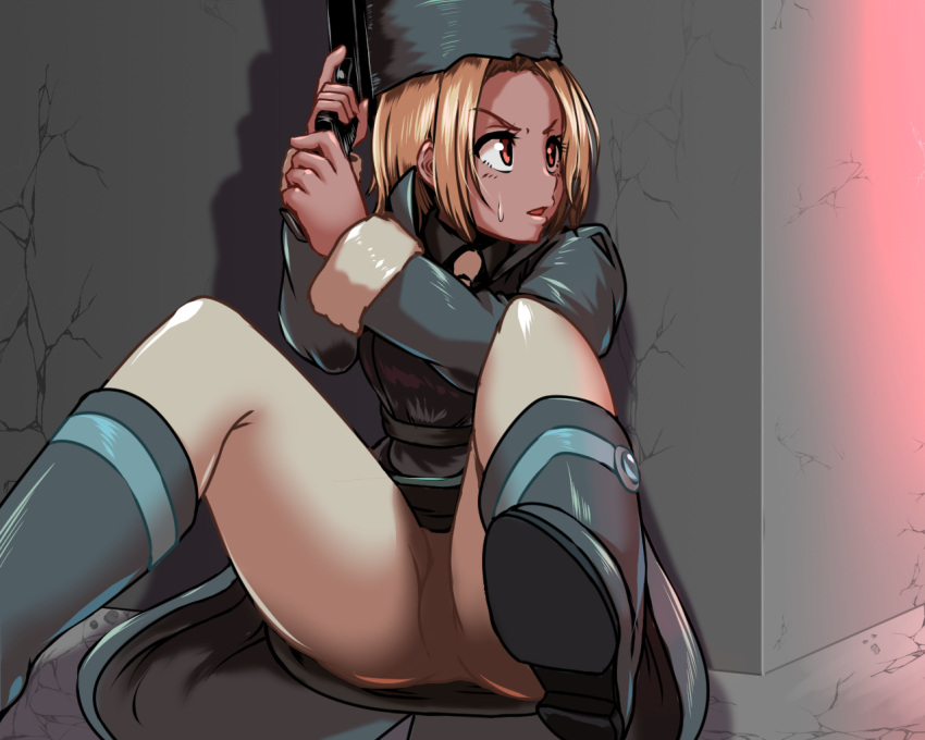 blonde_hair dark-skinned_female dark_skin female flcl foot_out_of_frame gun hat holding holding_gun holding_weapon kitsurubami military_uniform necktie open_mouth pantyhose raseruta short_hair skirt solo uniform weapon