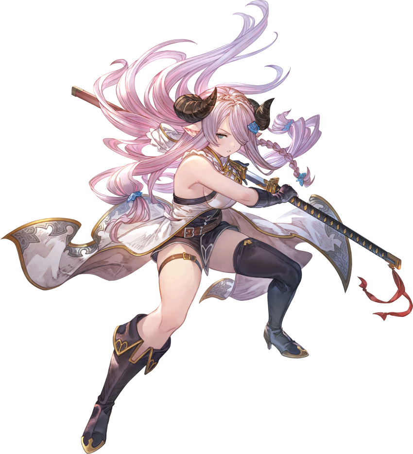 asymmetrical_footwear asymmetrical_gloves belt black_footwear black_gloves blue_eyes boots braid breasts draph elbow_gloves female full_body gloves granblue_fantasy granblue_fantasy_versus:_rising hair_ornament hair_over_one_eye high_heels highres holding holding_sword holding_weapon horns katana large_breasts long_hair looking_at_viewer minaba_hideo mismatched_footwear mismatched_gloves narmaya_(granblue_fantasy) official_art pink_hair pointy_ears serious sheath sideboob sleeveless solo standing sword tachi-e thigh_belt thigh_strap transparent_background weapon zettai_ryouiki